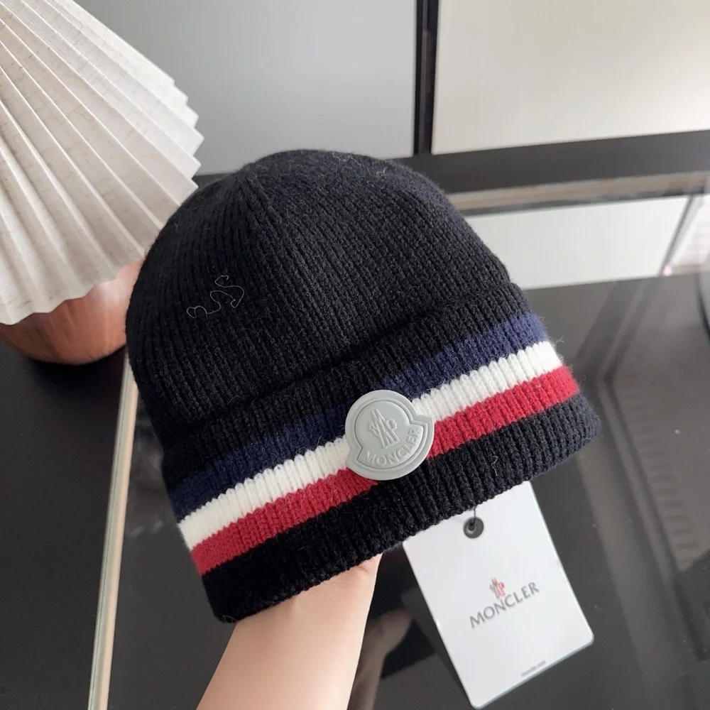 Moncler Kids Black Knit Beanie with Tricolor Stripe and Logo Badge